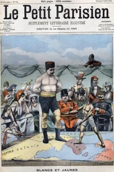 White and Yellow (cartoon about the Russian-Japanese war: countries like France, USA, China ... watching Japan and Russia boxing). Cover of Le Petit Parisien of April 3