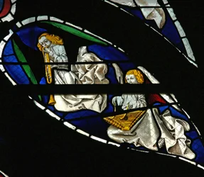 Window depicting musician angels with sacbut and dulcimer