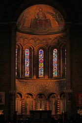 Window depicting a view of the apse with the reset thirteenth century French panels