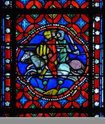 Window s1-R depicting a scene from St Bonnet