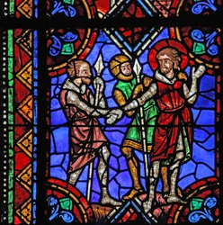 Window depicting St Julian of Brioude story - St Ferreol, a friend of Julien, who died during the Diocletian persecutions, is arrested