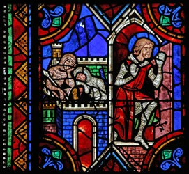 Window depicting St Julian of Brioude story - St Ferreol, a friend of Julien, who died during the Diocletian persecutions, escapes
