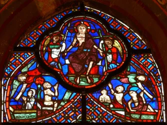 Window depicting the Last Judgement: Christ and angels carrying the instruments of Crucifixion: lance and Cross