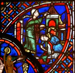 Window depicting the Passover Tau sign