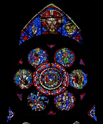 Window w100 depicting God the Father, the Resurrection tomb and Resurrection scenes, and the flagellation