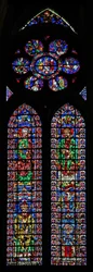 Window w102 depicting St Peter and St Andrew; Soissons Cathedral and a Bishop; in the rose Scenes from the life of St Peter