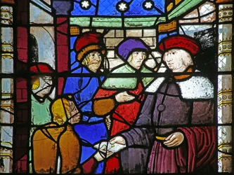 Window depicting St Augustine writes a letter admonishing Boniface for rebelling against Roman authority