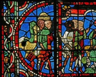 Window depicting a scene from the story of Joseph: his brothers beg Benjamin to return with them