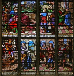 Window depicting Joseph is accused by Potiphar; he explains his dream to Pharaoh