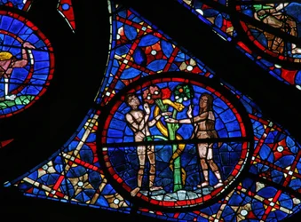 Window w115 depicting the Adam and Eve story: the Serpent beguiles