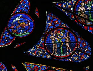 Window w115 depicting the Creation: birds, Adam & Eve & the serpent
