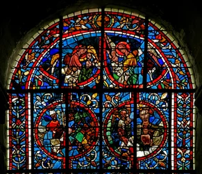 Window depicting angels carry souls to Paradise; fragmentary panel - a bishop? the Bosom of Abraham