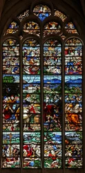 Window w124 depicting Abraham and Melchisedek; St James in battle with the moors in Spain; scenes from the life of St James