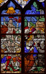 Window depicting a Resurrection scene: the Holy Women at the Tomb