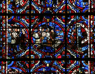 Window depicting Adonibezek? with a group of soldiers and a person with bound hands; A battle scene outside a city that is on fire