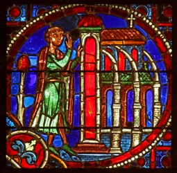 Window depicting a scene from the Theophilus story: he enters a church to repent