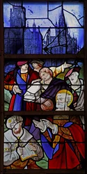 Window depicting a scene from the life of St Peter: Simon Magus and Peter debate; Rouen cathedral and St Maclou in the background