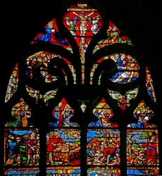 Window depicting the Crucifixion with Mary and John, the Via Crucis, the Deposition