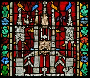 Window w205 depicting a canopy with birds atop