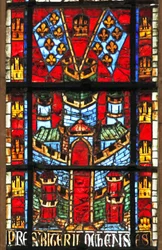 Window depicting a castle and flags with fleur-de-lis