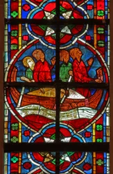 Window depicting St Nicholas welcomes a boat