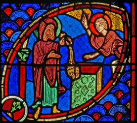 Window w20 depicting Zacharias, the father of St John the Baptist, is visited by an angel in the Temple