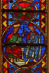 Window w213 depicting a scene from the life of St Thomas: Gundaphorus, king of India, sends for an architect