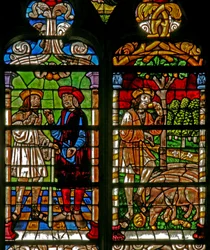 Scene from the Prodigal Son story: he looks for work; guards the pigs
