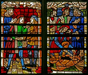 Scene from the Prodigal Son story: on his return he is reclothed; the fatted calf is killed
