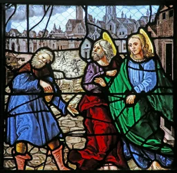 Window depicting Two Apostles give money to a man (L