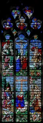 Crucifixion with St Hubert and St Christopher; Below is the Donor Louis de Roncherolles and Wife Francoise de Halluin with St Louis and St Francis (Window W25)