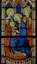 Window W27 depicting the Virgin and Child with St Sebastian and a saint-bishop