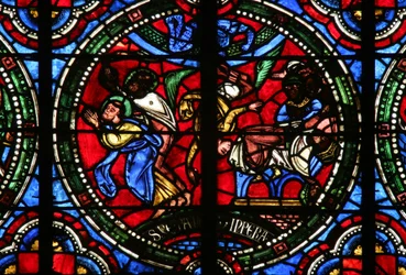 Window depicting a scene from the life of St Peter: Simon Magus fall whilst trying to demonstrate his flying abilities