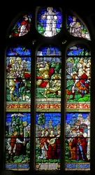 Window depicting David slaying Goliath; he returns with the head to the daughters of Judea
