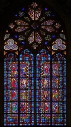 Window w30 depicting reset panels of the Creation, featuring Adam and Eve and Cain and Abel