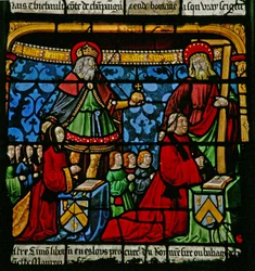 Window depicting donors - Henriette de Mauroy and Simon Liboron with their children and patron saints St Henry and Simon of Cyrene