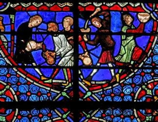 Window depicting the water turning into wine at the Marriage at Cana
