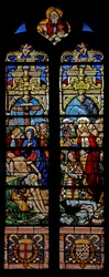 Window depicting the Descent from Cross with the donor Francois de Montmorency and Ste Francoise