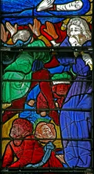 Window w4 depicting the Funeral of the Virgin Mary and the overturning of the coffin (the Boy from Bourges)