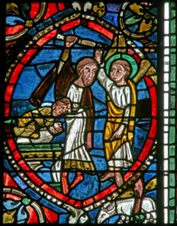Window depicting Abraham is stopped by an angel from sacrificing Isaac