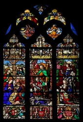 Window depicting the Nativity with Shepherds; donors Gaspard de Coligny and wife and patron saints