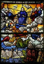 Window w7 depicting a scene from the Book of Revelation: the Throne in Heaven: the four Sacred Beasts