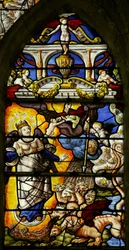 Window w7 depicting a scene from the Book of Revelation: the Woman Clothed with the Sun