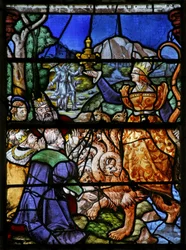 Window w7 depicting a scene from the Book of Revelation: the woman on the beast with 7 heads