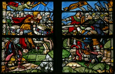 Window depicting a battle scene with the Emperor Constantine where the Cross appeared and he triumphs