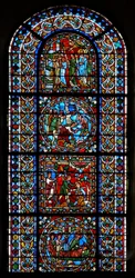 Window wXXI depicting a composite window of 4 panels, three in connection with St Gervais and St Protais