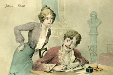 Woman catching a man writing a letter