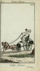 Woman in a Greek hairstyle driving a carriage at Longchamp
