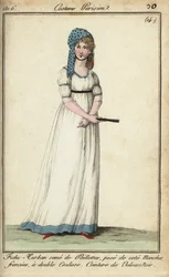 Woman in a kerchief-turban and tunic dress