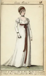 Woman in the fashions of 1798 with short hair under a garland